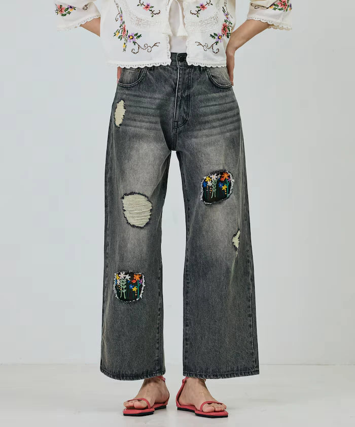 Flower Embroidery Wide Denim