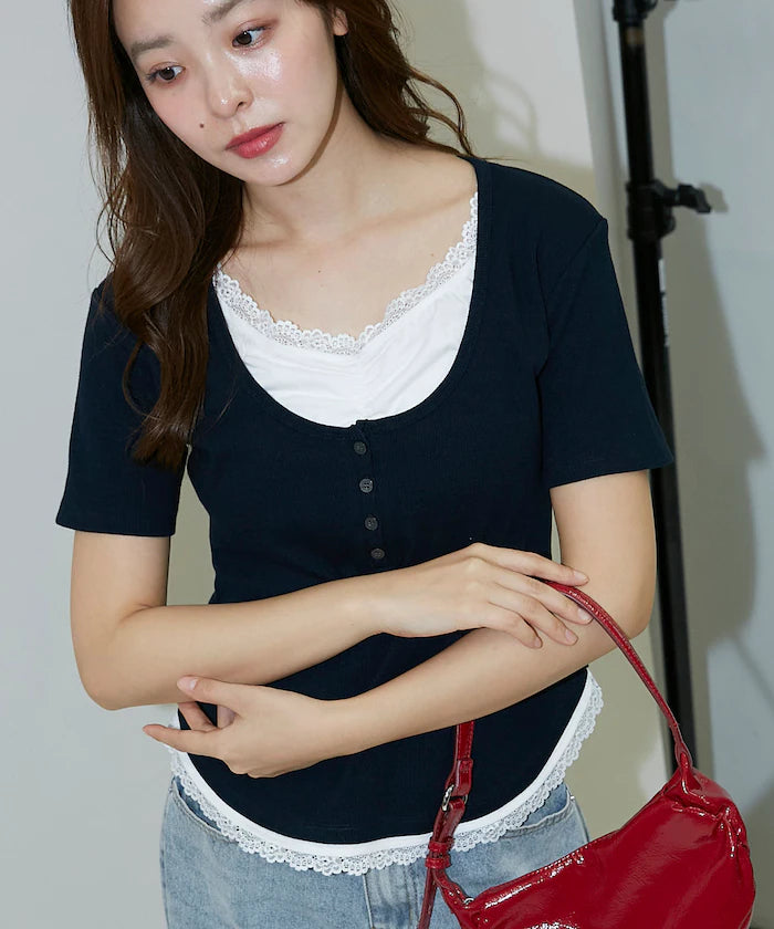 Short Sleeve Lace Layered Style Henley Neck T-Shirt Limited Edition