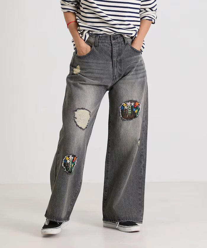 Flower Embroidery Wide Denim