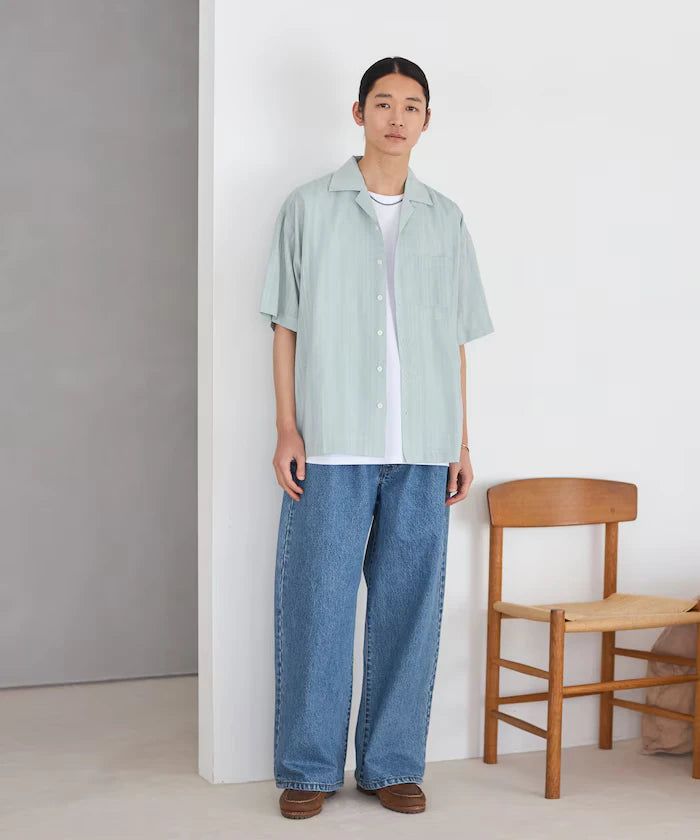 Jacquard Relaxed Fit Open Collar Short Sleeve Shirt Semi-Sheer Dobby Weave