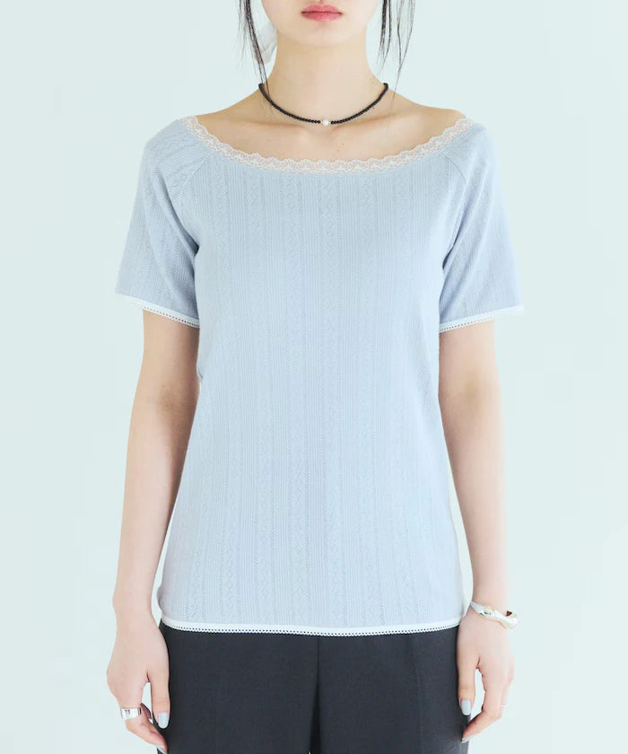 Boat Neck Pullover Knit Lace T-Shirt