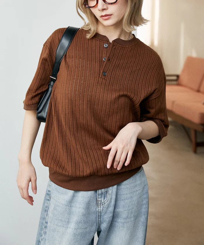 LOVE POP STUDIO Pattern Mesh Henley Neck T-Shirt Limited Release