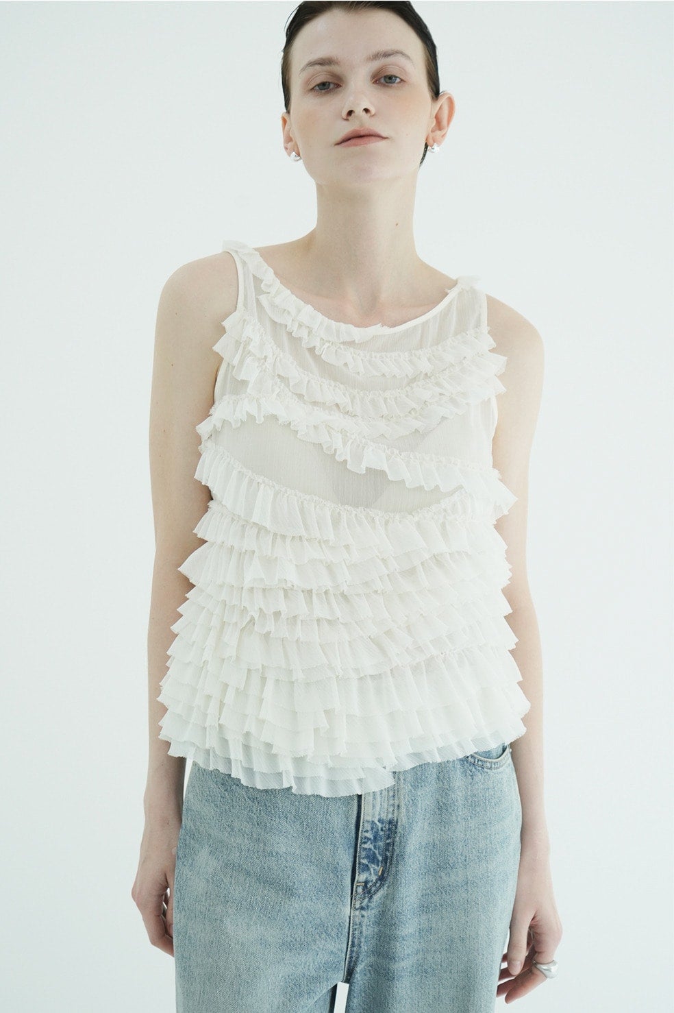 RANDOM FRILL SHEER N/S TOPS