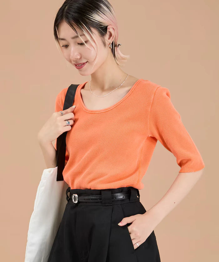 Ribbon Tied 2WAY Waffle 5 Sleeve T-Shirt
