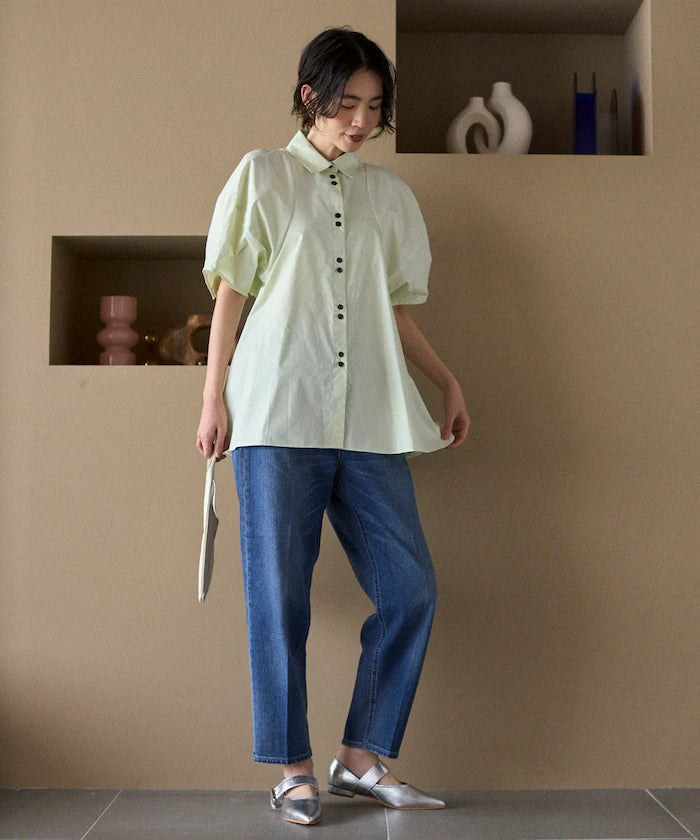 Color Added Balloon Sleeve Shirt / 5 Sleeve Blouse