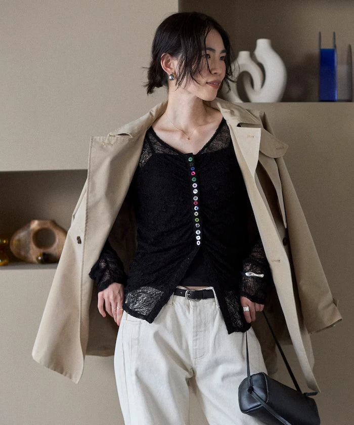Many Button Lace Shirring Cardigan