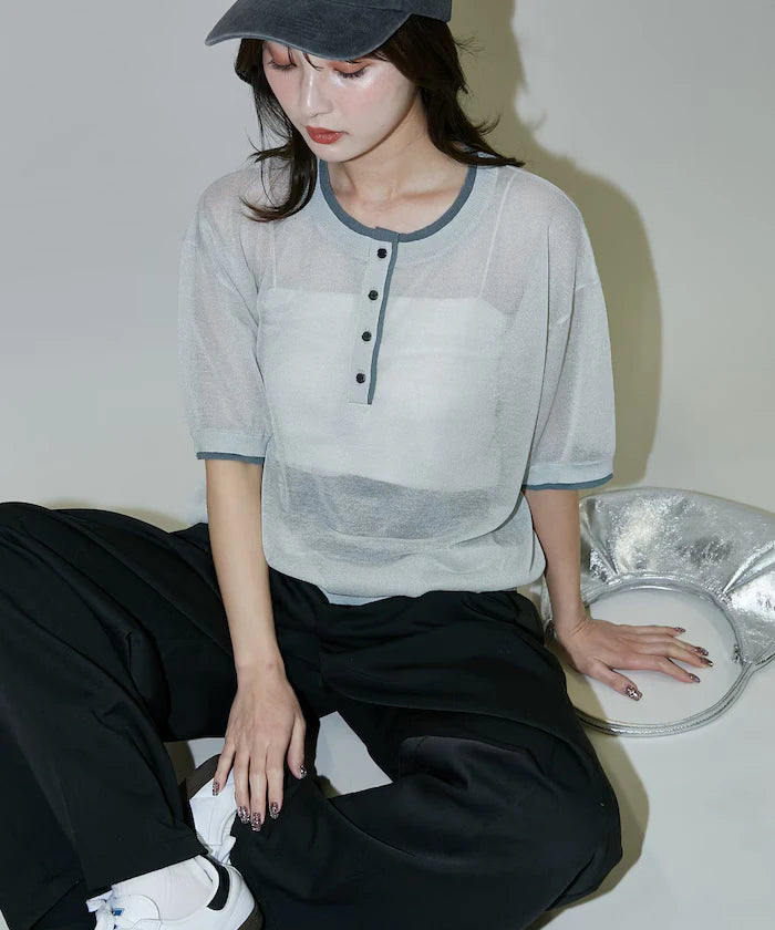 Washable linen color block henley neck knit top limited release