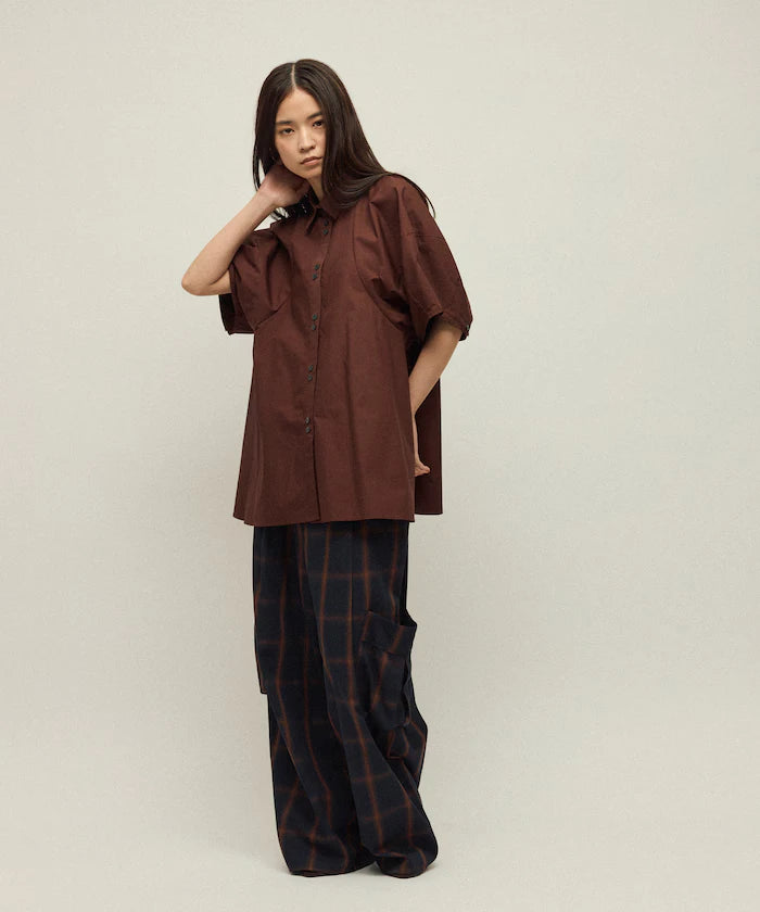 Switching Design Balloon Sleeve Shirt / 5-Minute Sleeve Blouse