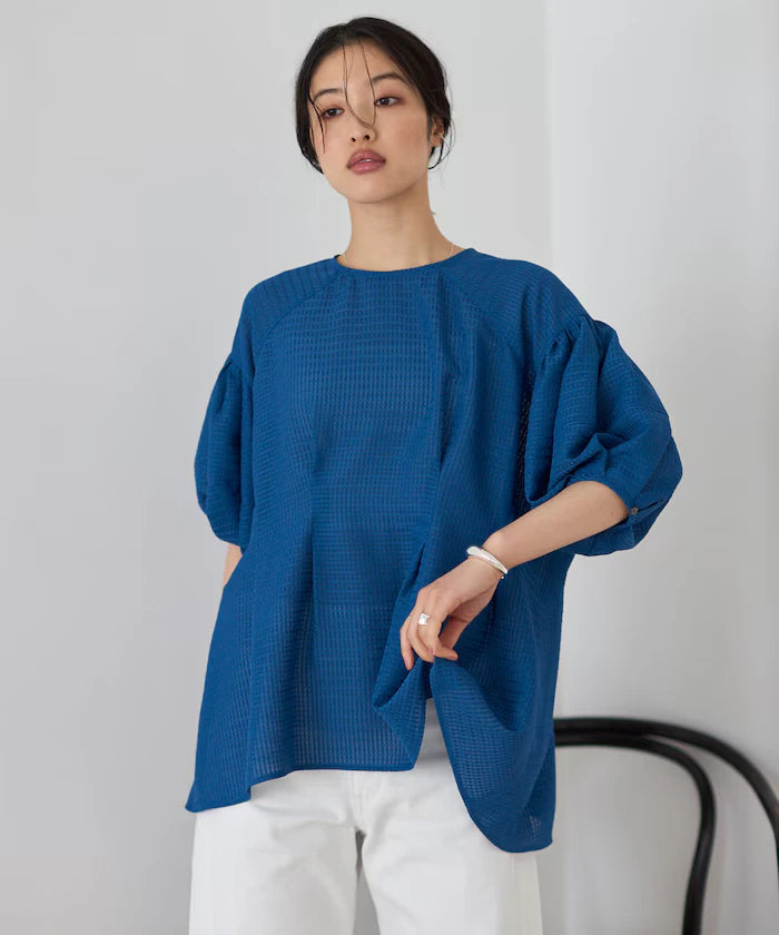 Sheer Check Balloon Sleeve Blouse