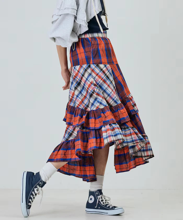 Check x Check Asymmetrical Frill Skirt