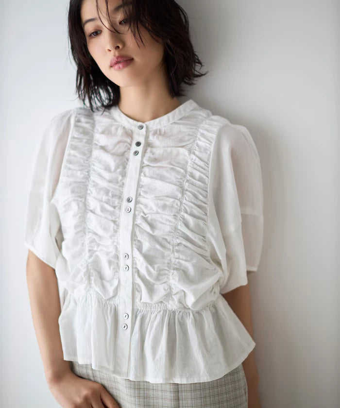 Sheer Shirring Volume Sleeve Blouse / 5 Short Sleeves