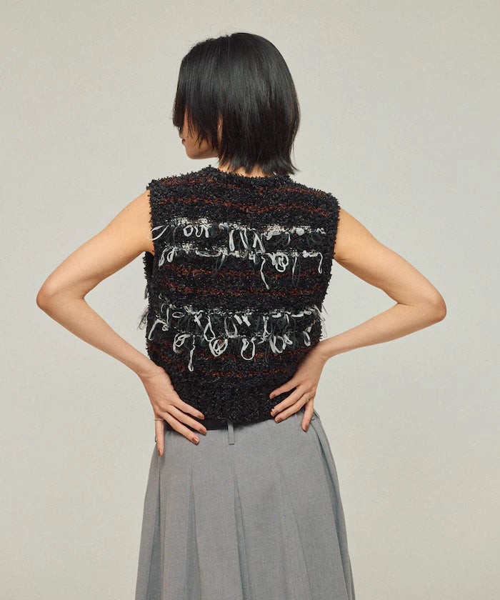 Mixed Material Fringe Knit Vest / Striped Knit Gilet