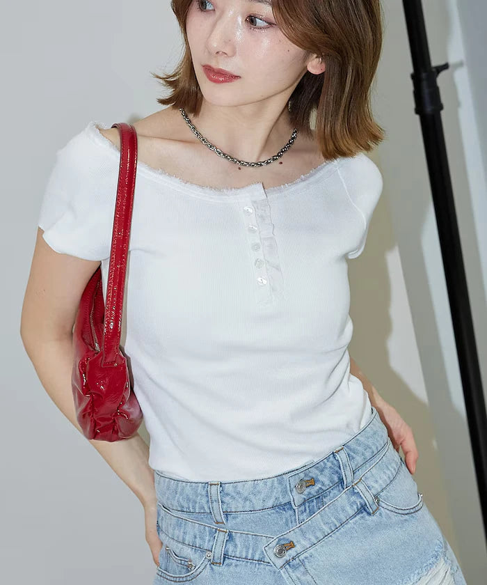 Collar Lace Contrast Henry Rib T-Shirt