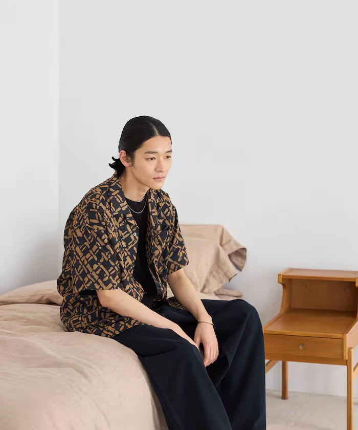Mesh Open Collar Pattern Short Sleeve Shirt / Allover Design Open Collar Shirt / Big Silhouette