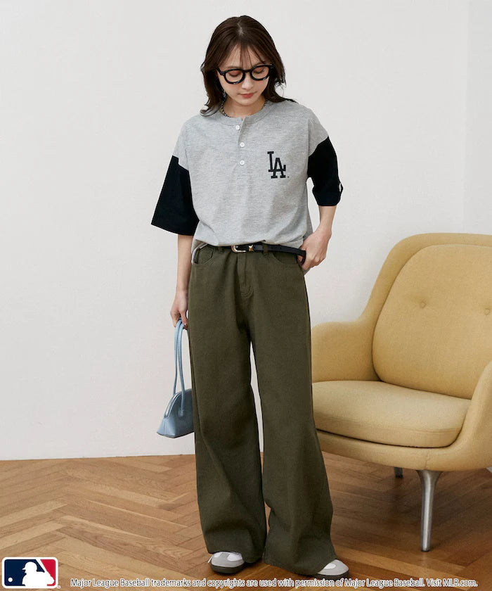 Limited Edition MLB Logo Print Henley Neck Oversized T-Shirt