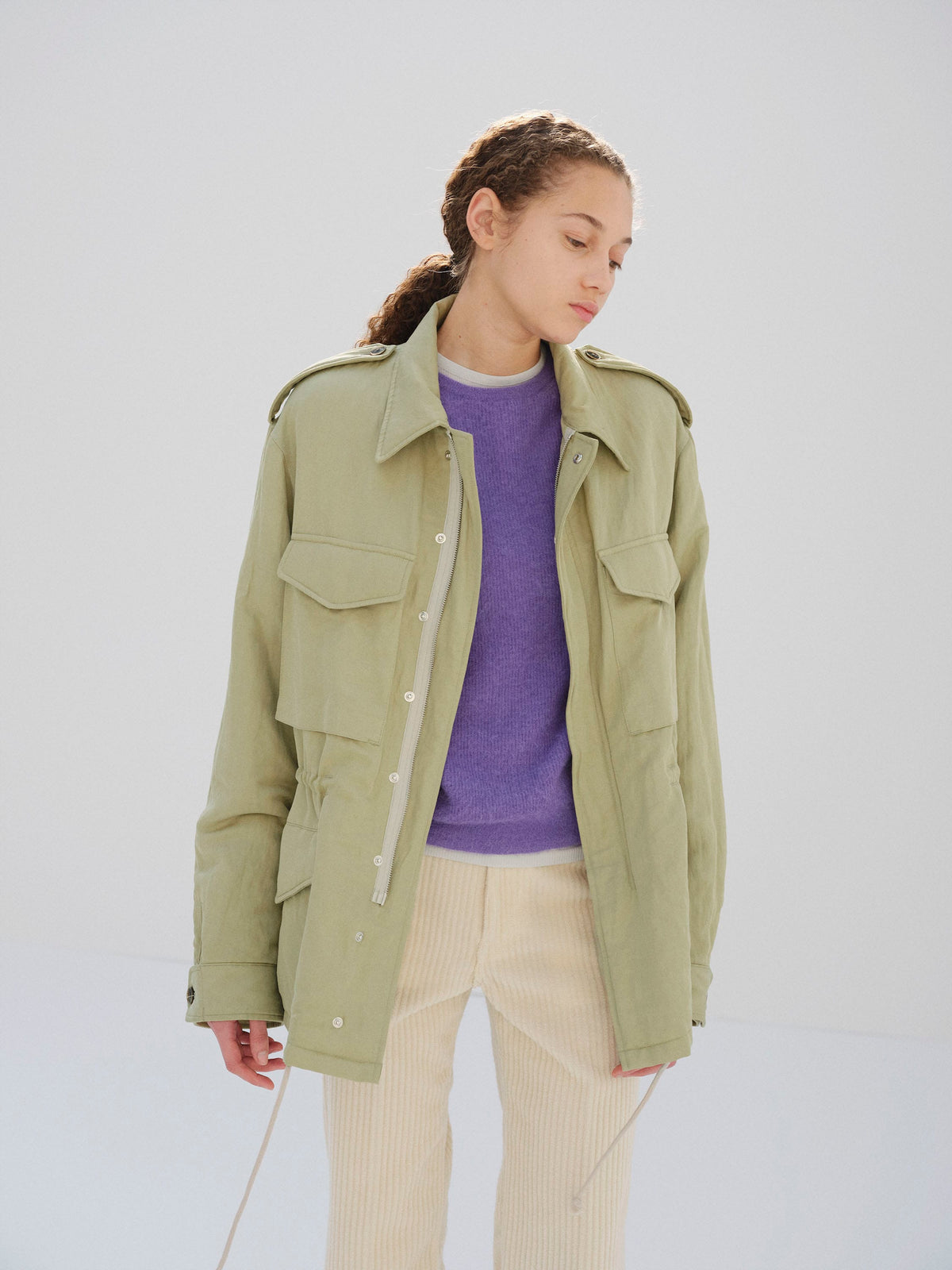 BRUSHED SILK LINEN SATIN PADDED MILITARY BLOUSON