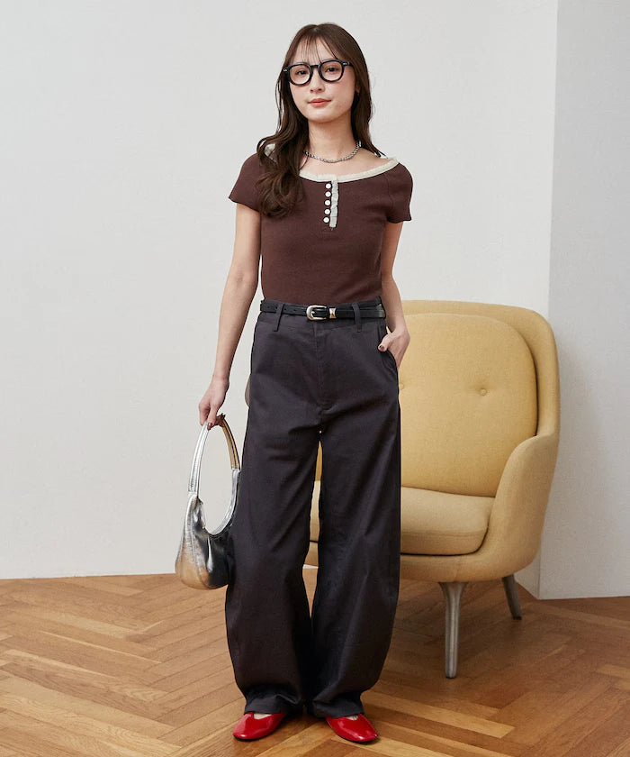 Collar Lace Contrast Henry Rib T-Shirt