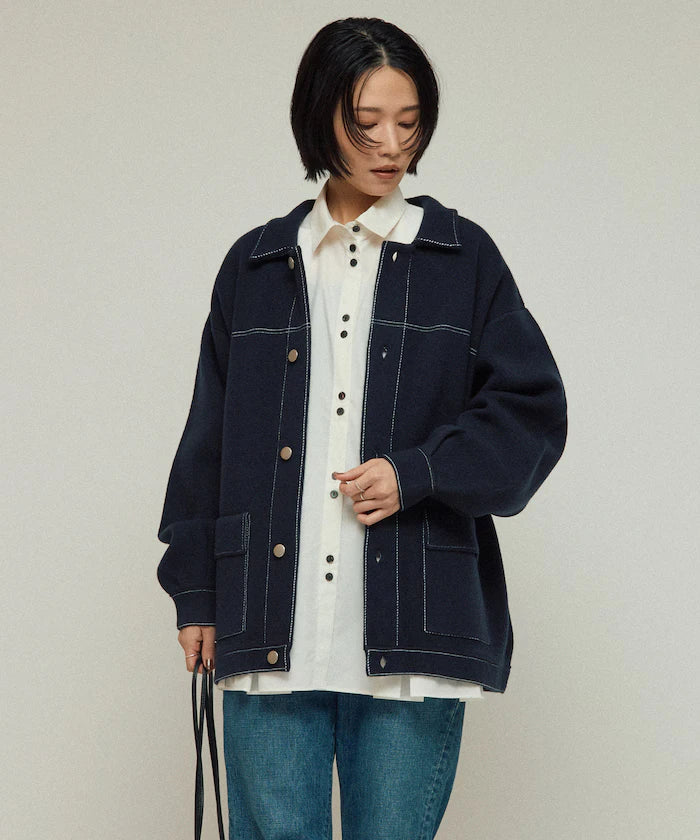 Oversized Wool Blend Knit Coverall / Color Stitch Knit Jacket