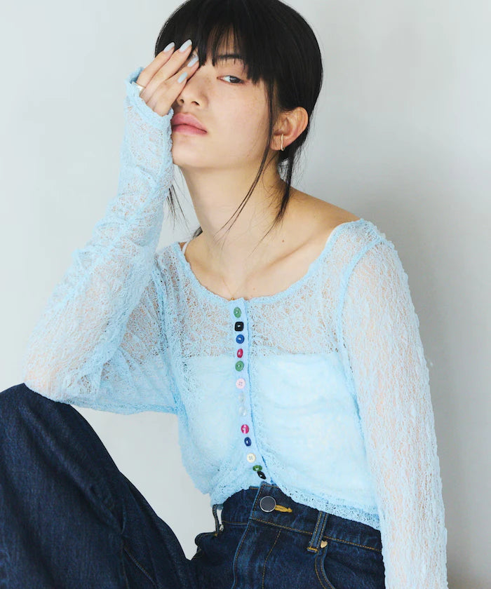 Many Button Lace Shirring Cardigan