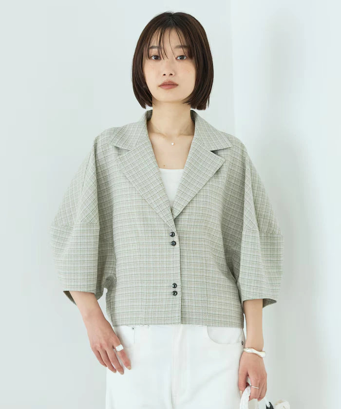 Collar Check Balloon Sleeve Shirt / Compatible with Setup