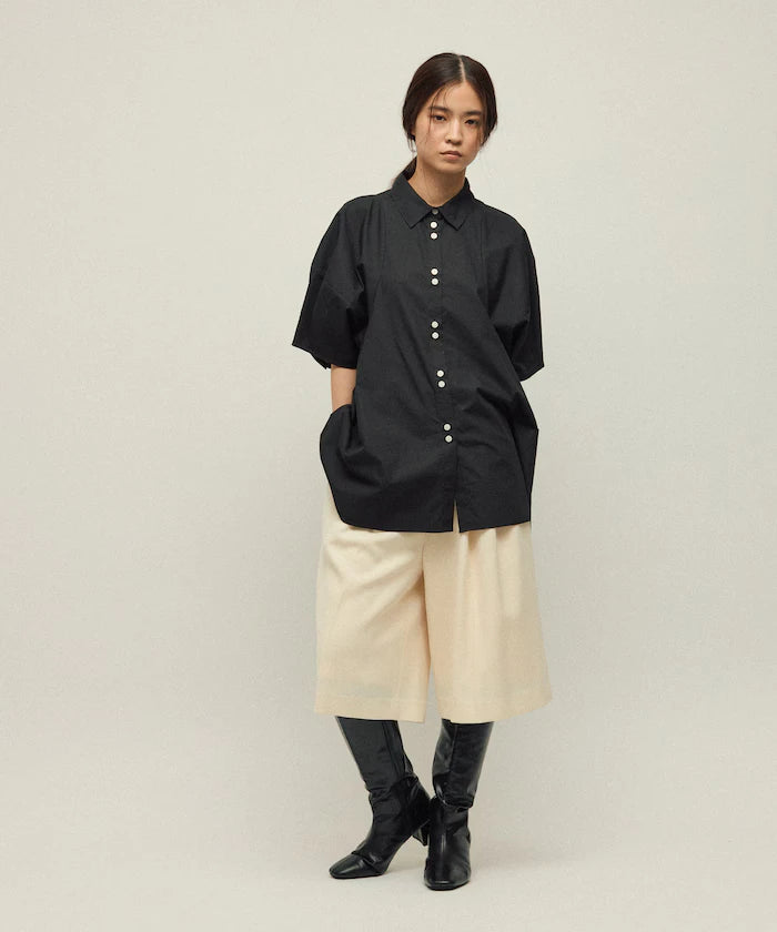 Switching Design Balloon Sleeve Shirt / 5-Minute Sleeve Blouse
