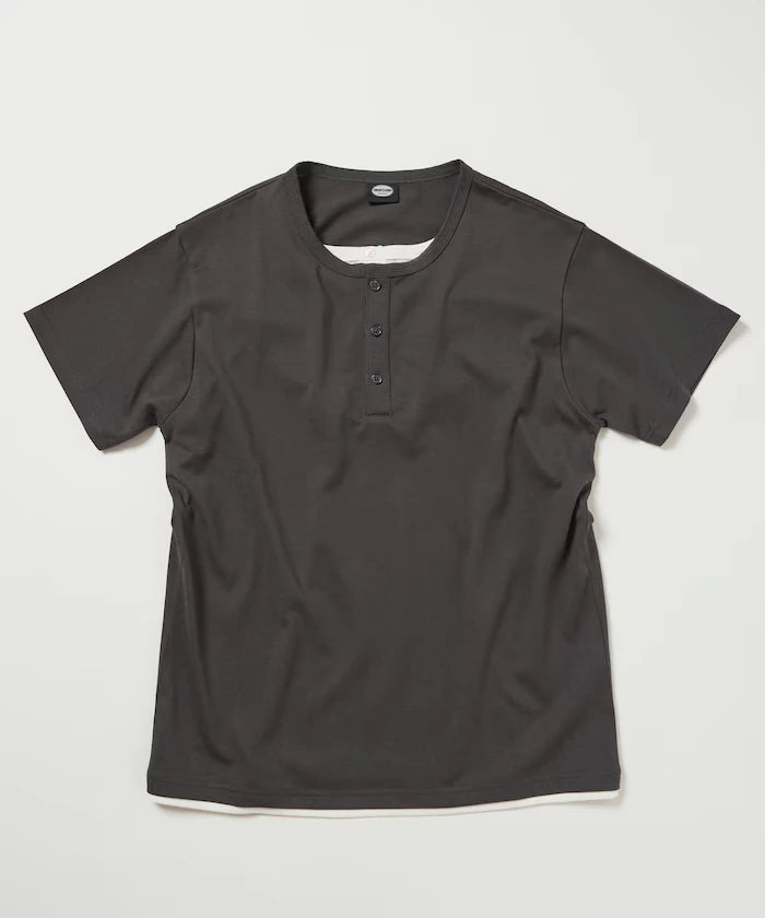 Fake Layered Henry Neck Cut-and-sew Short Sleeve T-shirt [Limited Edition]