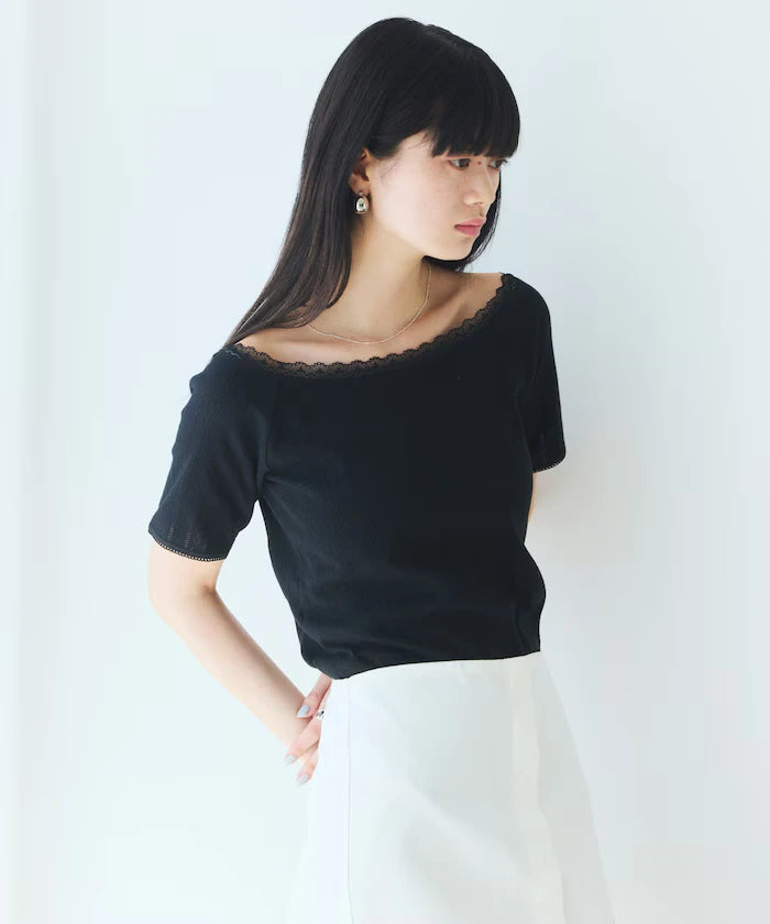 Boat Neck Pullover Knit Lace T-Shirt