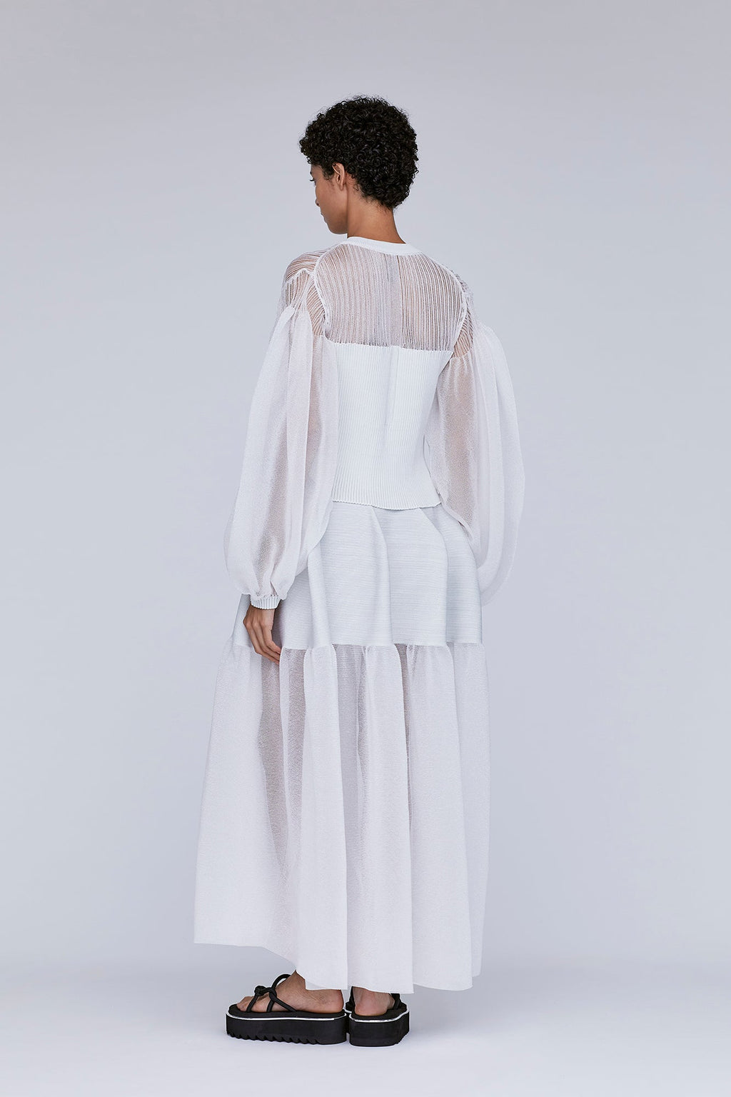 FLUTED LUCENT GLITTER PUFF SLEEVE CROPPED CARDIGAN