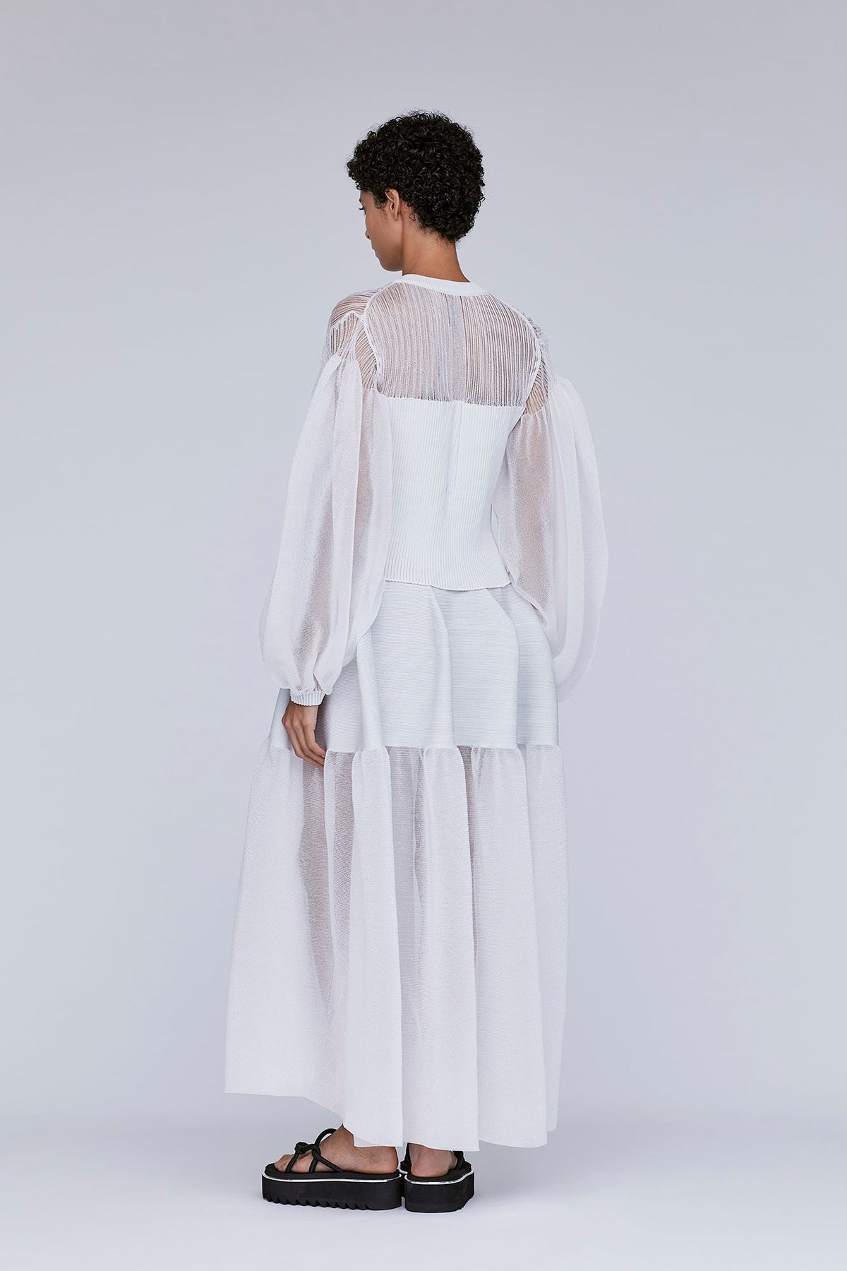 FLUTED LUCENT GLITTER PUFF SLEEVE CROPPED CARDIGAN
