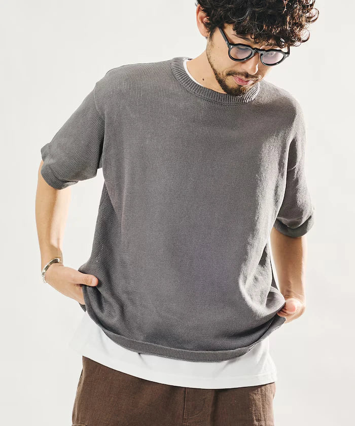 Sheer Knit & Cotton T-Shirt Layered Set