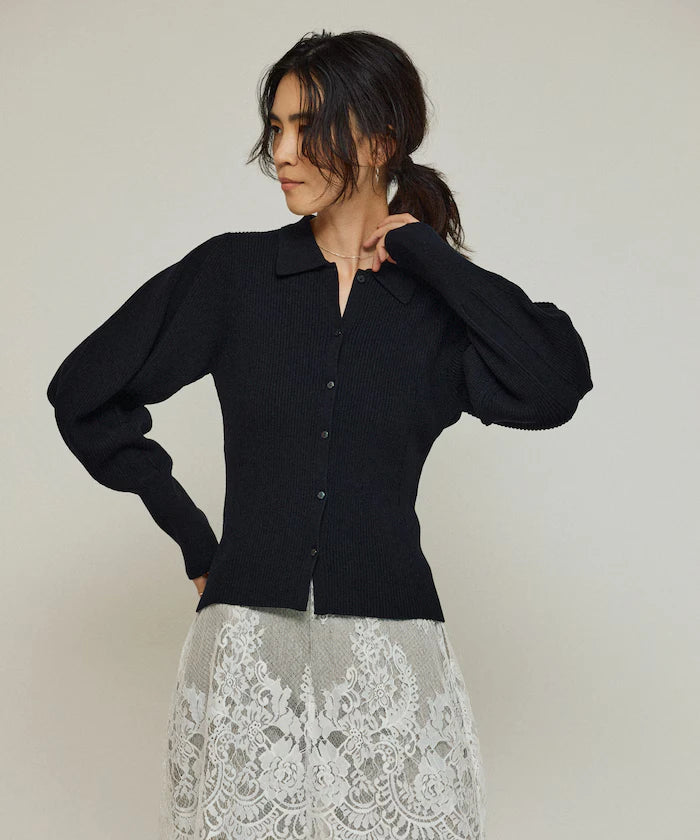 Functional material silk blend knit polo volume sleeve knit cardigan / anti-pill / machine washable
