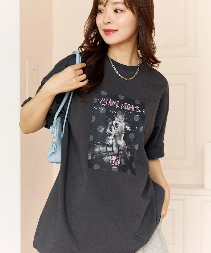 <Functional Material> MIAMI NIGHTS Cat Photo T-shirt Limited Edition