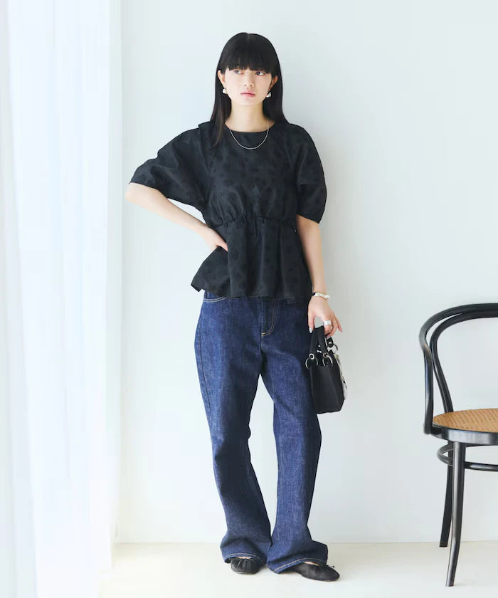 Flower Sheer Jacquard Volume Sleeve Peplum Blouse / 5 Minutes Sleeve