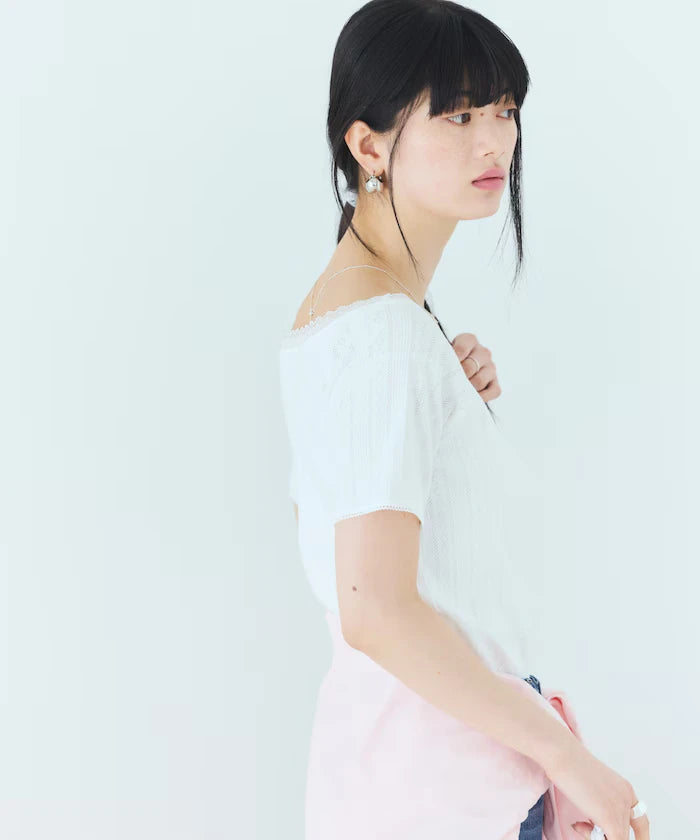Boat Neck Pullover Knit Lace T-Shirt