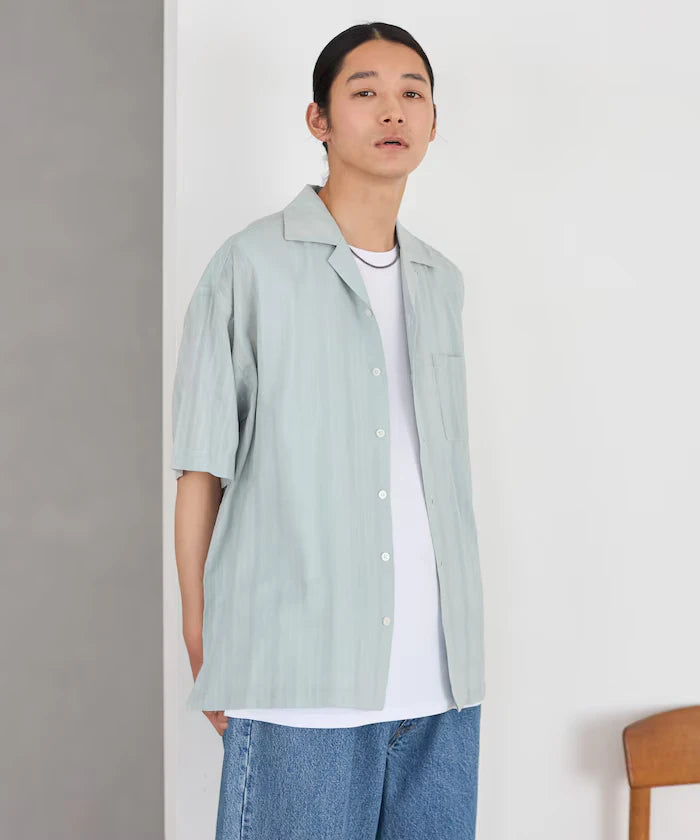 Jacquard Relaxed Fit Open Collar Short Sleeve Shirt Semi-Sheer Dobby Weave