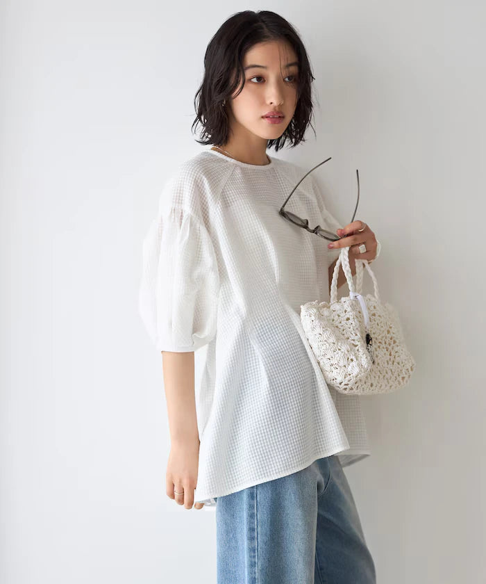 Sheer Check Balloon Sleeve Blouse