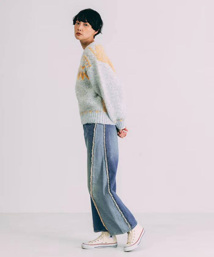 V-neck color block Nordic pattern knit