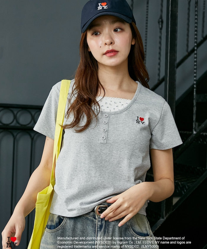 I LOVE NY Floral Pattern Layered Style Henley Neck T-Shirt Limited Edition