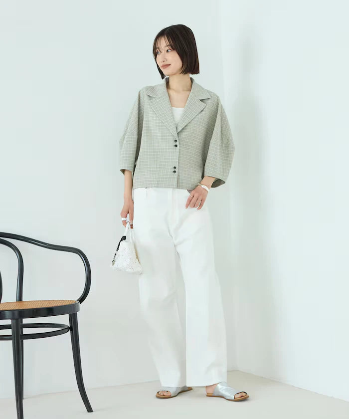Collar Check Balloon Sleeve Shirt / Compatible with Setup