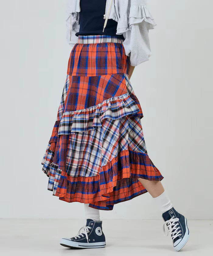 Check x Check Asymmetrical Frill Skirt