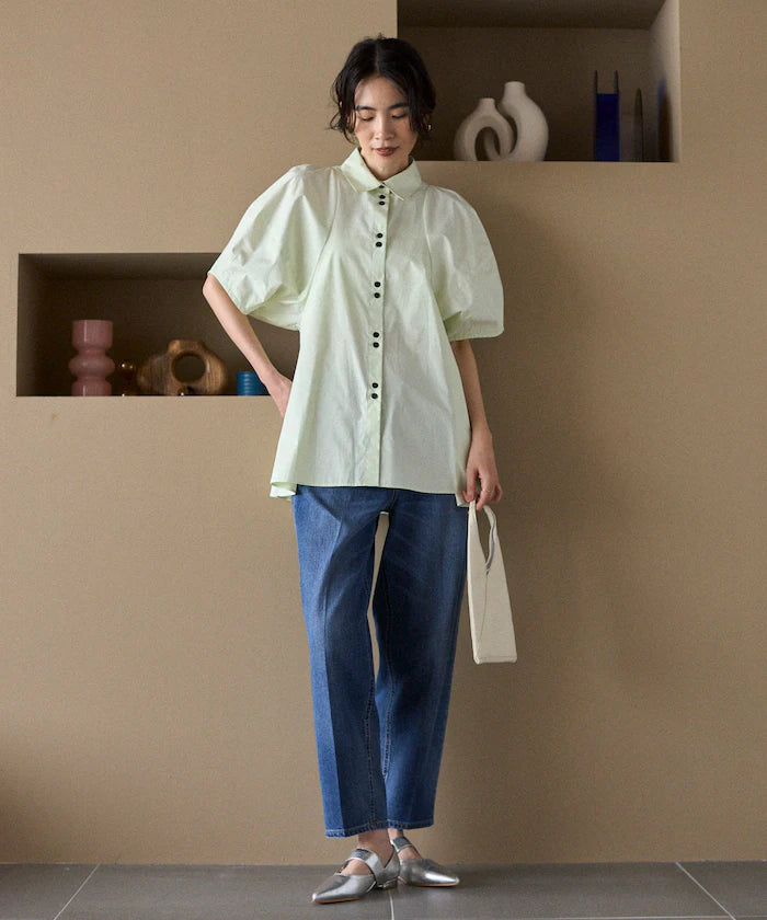 Color Added Balloon Sleeve Shirt / 5 Sleeve Blouse