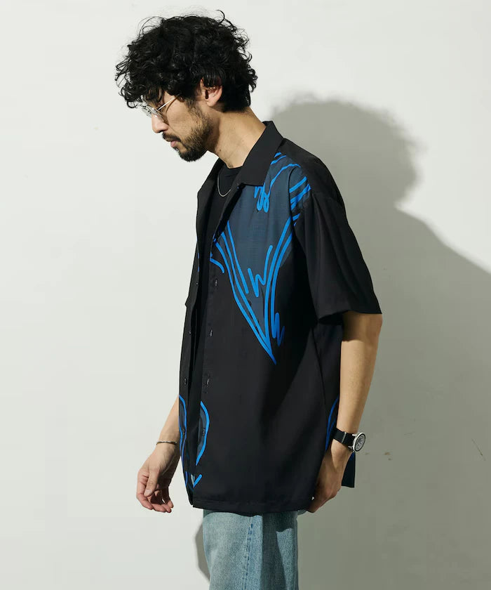 Open Collar Big Pattern Short Sleeve Shirt / Big Silhouette