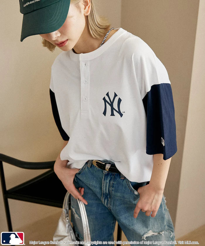 Limited Edition MLB Logo Print Henley Neck Oversized T-Shirt