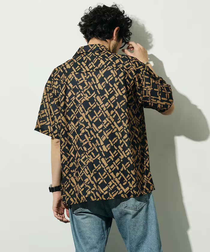 Mesh Open Collar Pattern Short Sleeve Shirt / Allover Design Open Collar Shirt / Big Silhouette