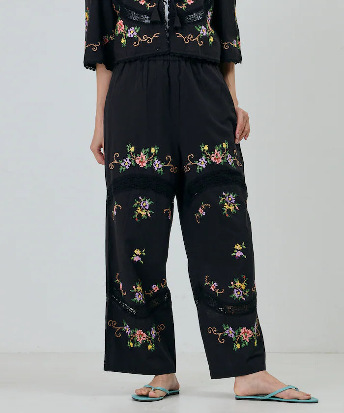 India Flower Cross Embroidery Lace Pants