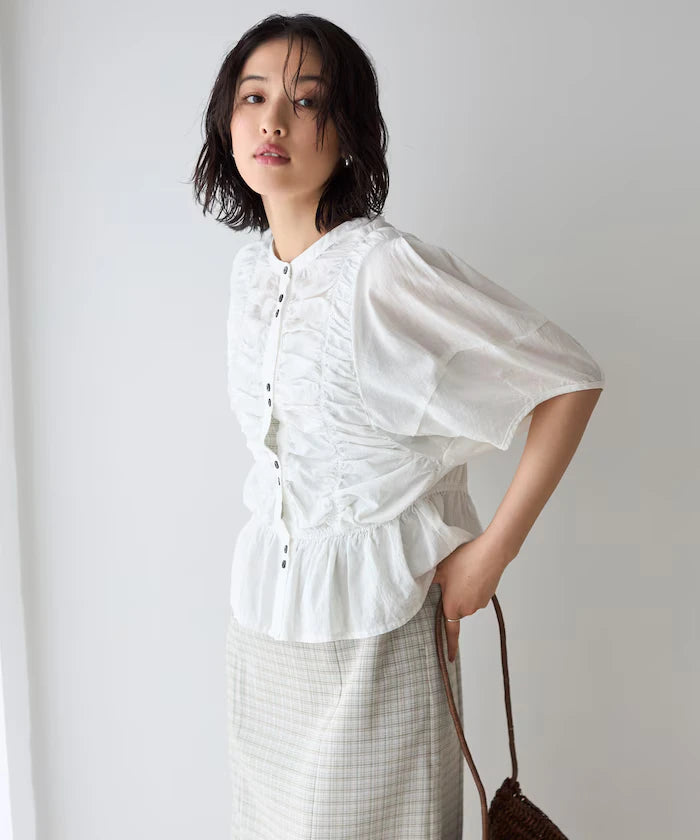 Sheer Shirring Volume Sleeve Blouse / 5 Short Sleeves