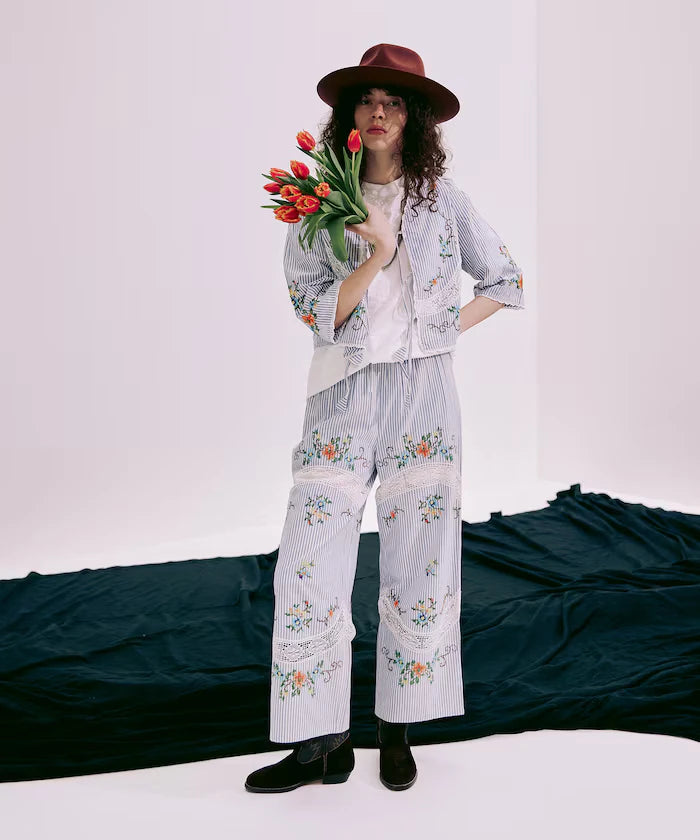 India Flower Cross Embroidery Lace Pants