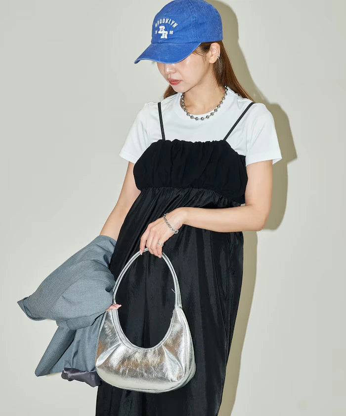 Mixed Material Shirring Satin Dress Limited Release