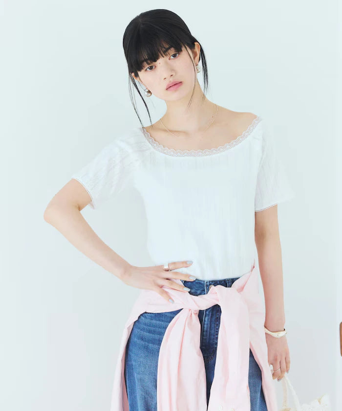 Boat Neck Pullover Knit Lace T-Shirt