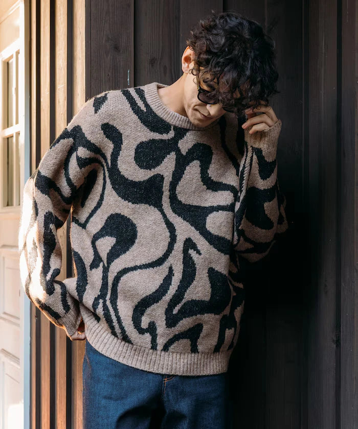 All-over Pattern Double Jacquard Knit Crew Neck Pullover / Relaxed Fit